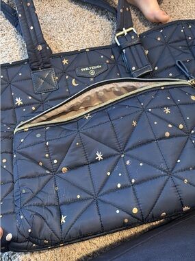 Twelve Little Navy Quilted Tote with Gold Star Print